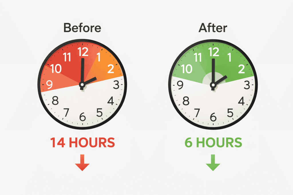 time comparison chart showing grading time reduced from 14 hours to 6 hours