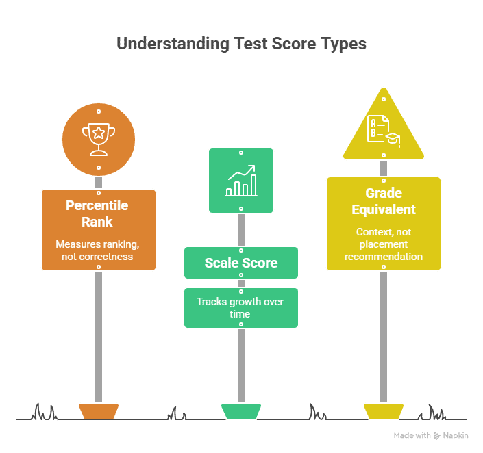Infographic showing Percentile Rank, Scale Score, and Grade Equivalent with icons, colors, meanings, and uses.