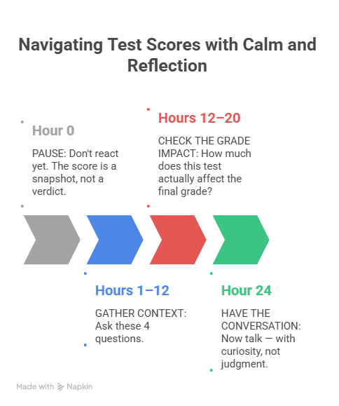 Step-by-step infographic titled "before you react to a test score: a 24-hour framework" showing four stages — pause, gather context, check grade impact, and have the conversation — with icons, colors, and connecting arrows.
