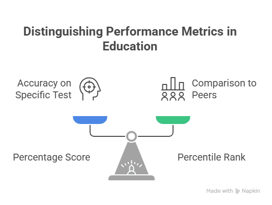 Split infographic showing Percentage Score vs Percentile Rank, with icons, examples, and a bold ≠ symbol to highlight they are not the same.