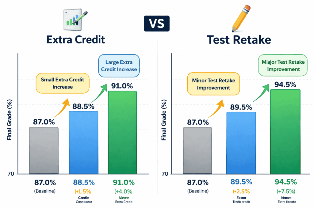 Pie chart of weighted grading categories with extra credit impact 