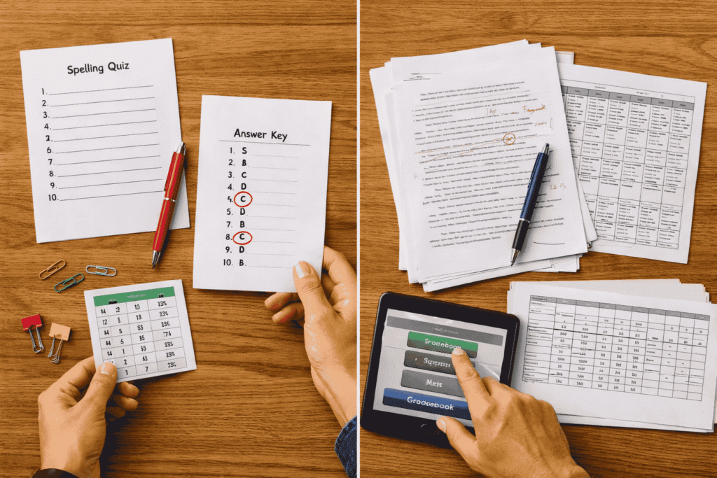 Elementary teacher using simple answer key compared to high school teacher using a detailed rubric