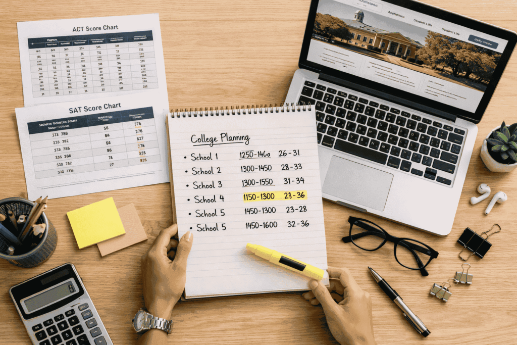 Student planning target SAT and ACT scores with college list and score benchmarks on a desk