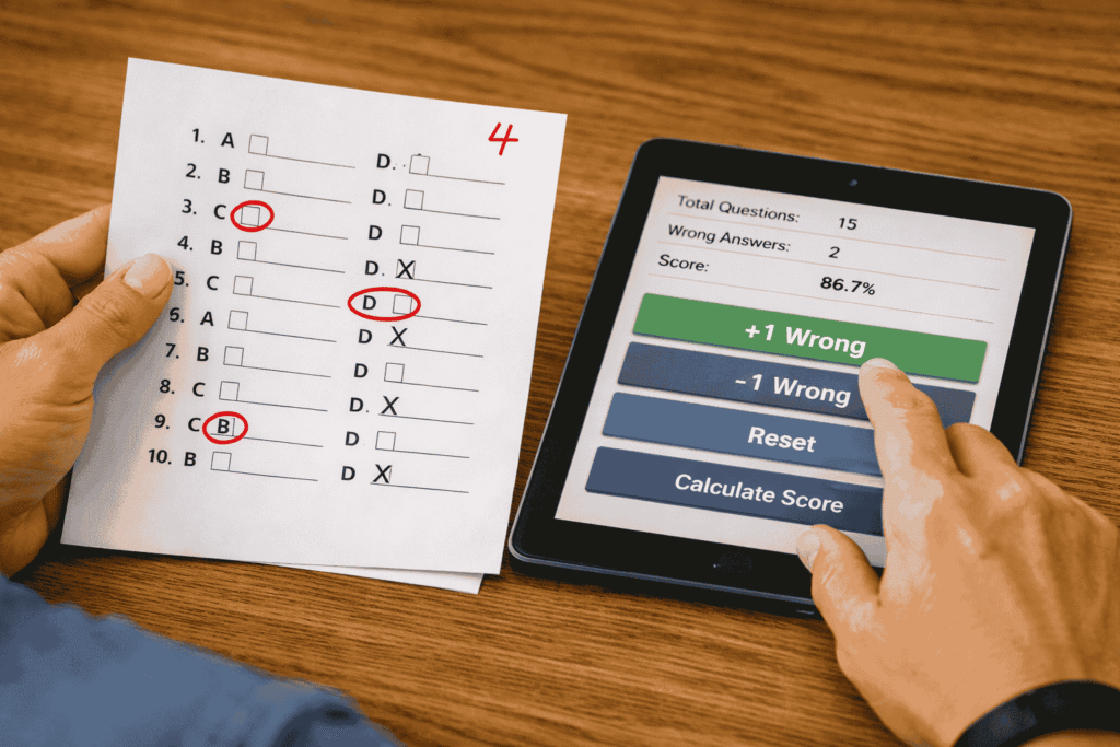 Teacher marking wrong answers on a quiz paper while using a grading calculator on a tablet