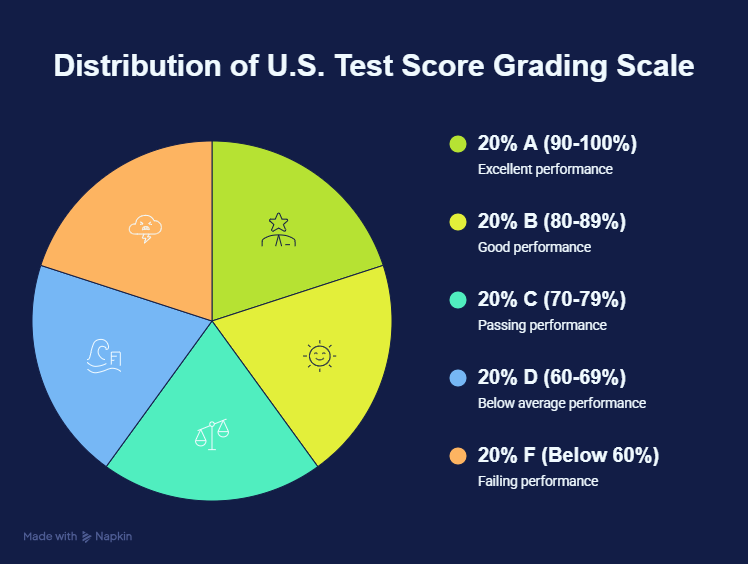 U.S. test score grading scale showing letter grades A through F, percentage ranges, GPA values, and performance levels