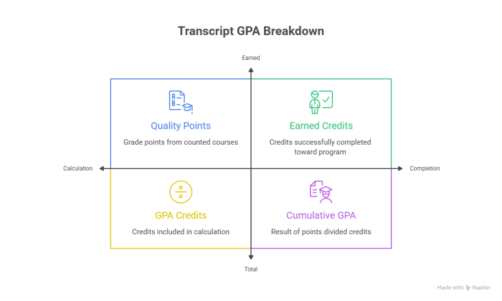 Transcript example showing GPA credits, quality points, and earned credits