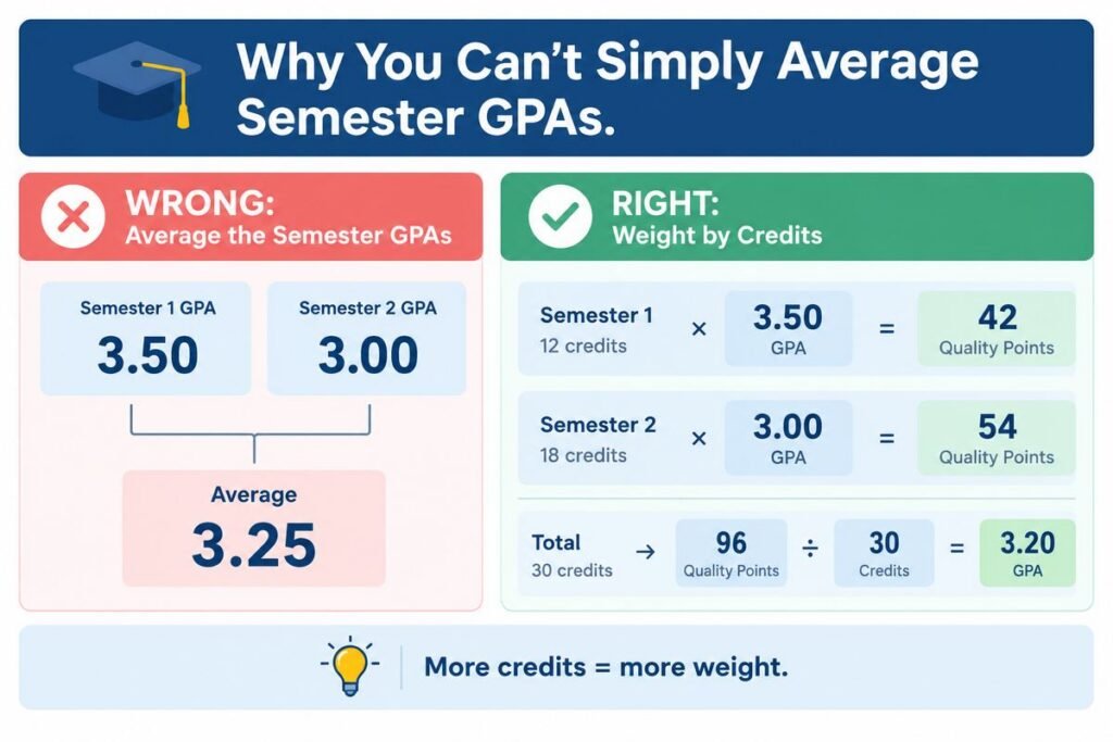 Correct credit-weighted cumulative GPA compared with averaging semester GPAs